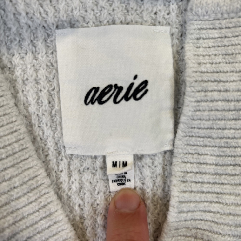 Aerie Women Pullover Sweater Collared V Neck Waffle Oversized Light Gray Medium - Picture 2 of 12